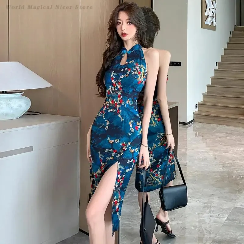 Sexy Sleeveless Qipao Blue Printed Slit Cheongsam New Chinese Style Dress Women's Elegant Temperament Gown Qipao Party Vestidos