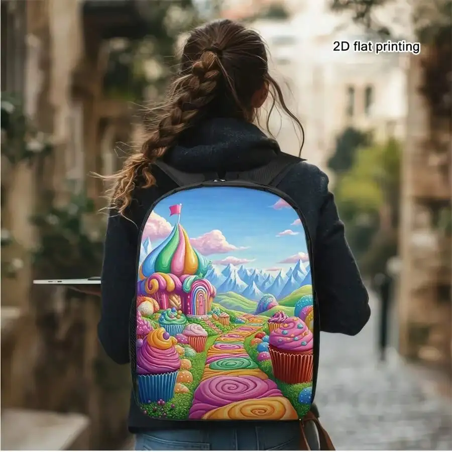 

Large Capacity Candy Wonderland Print Backpack Lightweight Travel Commuting Adjustable Straps Washable Zipper Durable Fabric 2D