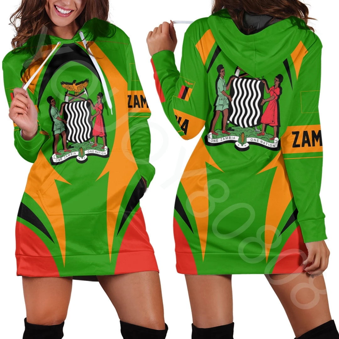 

2023 New Printing Africazone Clothing - Zambia Action Flag Hoodie Dress Casual Sports Street Style
