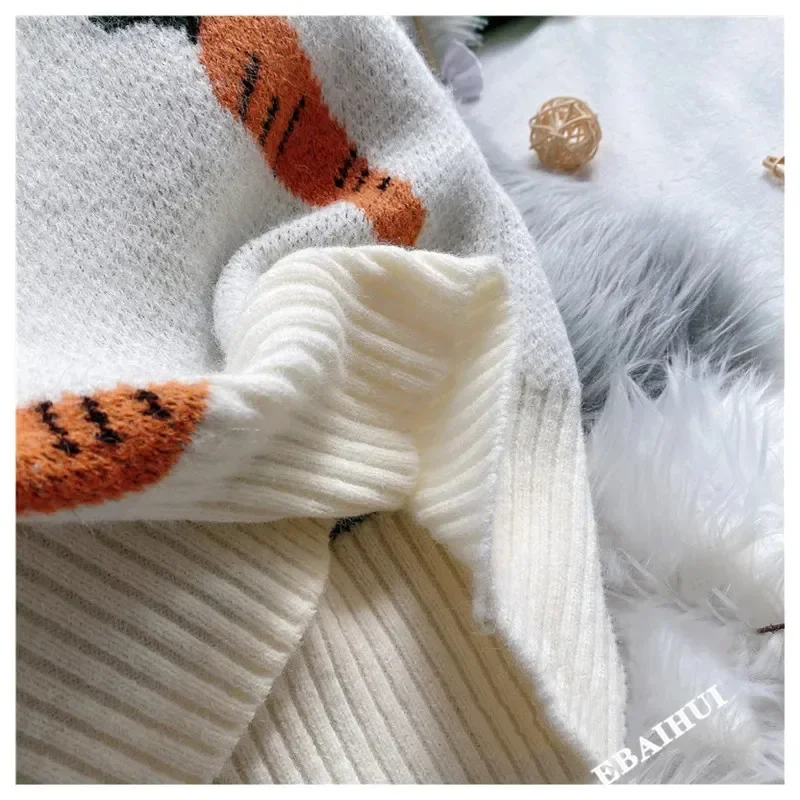 EBAIHUI Knitted Sweater Women Carrot Pattern Long Sleeve Pullover Loose High-necked Blue Yellow Sweater Autumn Winter 2020