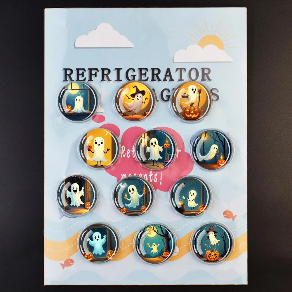 12pcs 30MM Halloween Cute Ghost Circular Refrigerator Stickers, Halloween Home Decorations, Halloween Party Gifts