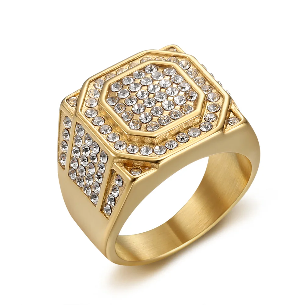 

Hip Hop Iced Out Bling Big Square Ring Male Gold Color Stainless Steel Cubic Zirconia Party Rings For Men Fashion Jewlery Gift