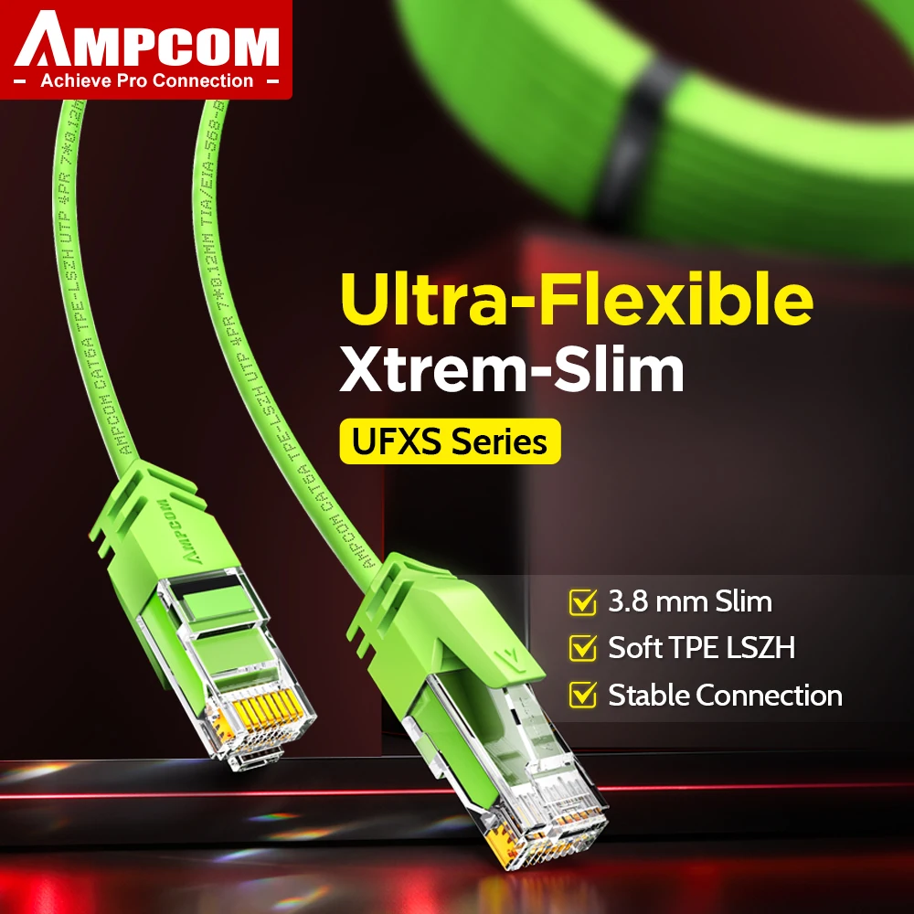 AMPCOM Ultra-Slim CAT6a Network Cable Unshielded, 10Gbps 28AWG, TPE LSZH Jacket Patch Cord for Router PC Gaming, 0.15M-3M