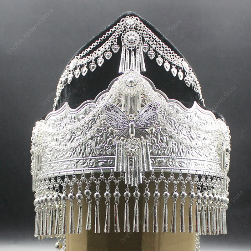 몽족 모자 미아오 실버 헤드웨어 민족 레트로 과장된 보헤미안 스펀지 미아오 모자 머리핀 헤드드레스 축제 액세서리