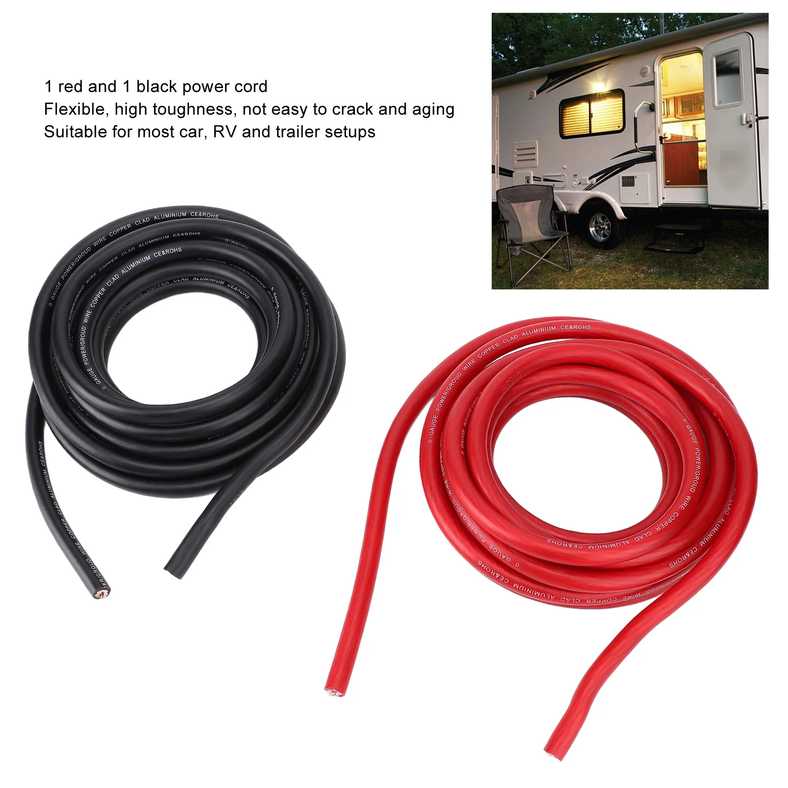 1/0AWG 20ft Power Cable Red Black Automotive Ground Cable Secure Connection High Toughness Copper Aluminium for RVs Trailers