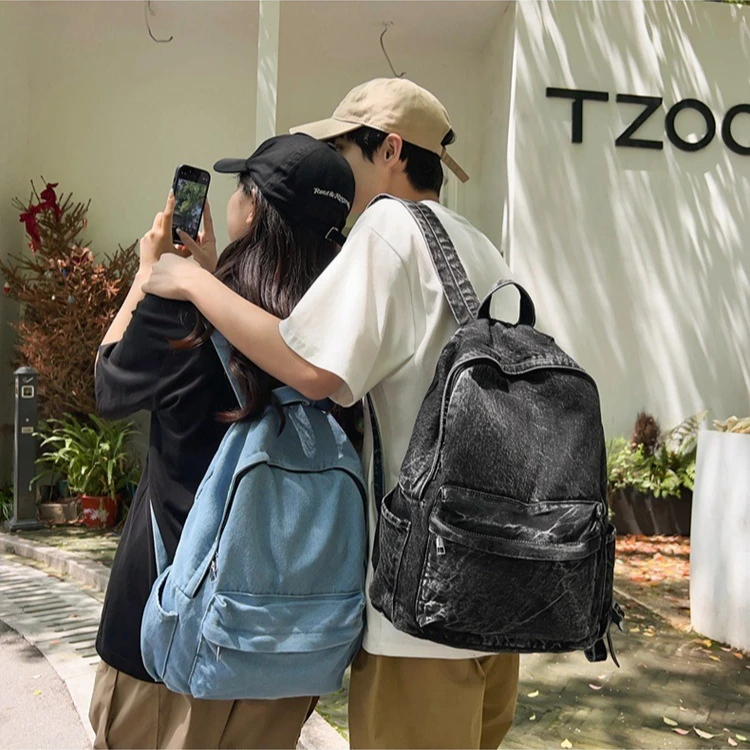 

Wear-resistant denim backpack for women, retro style double-shoulder bag, 14-inch computer storage, large capacity travel bag