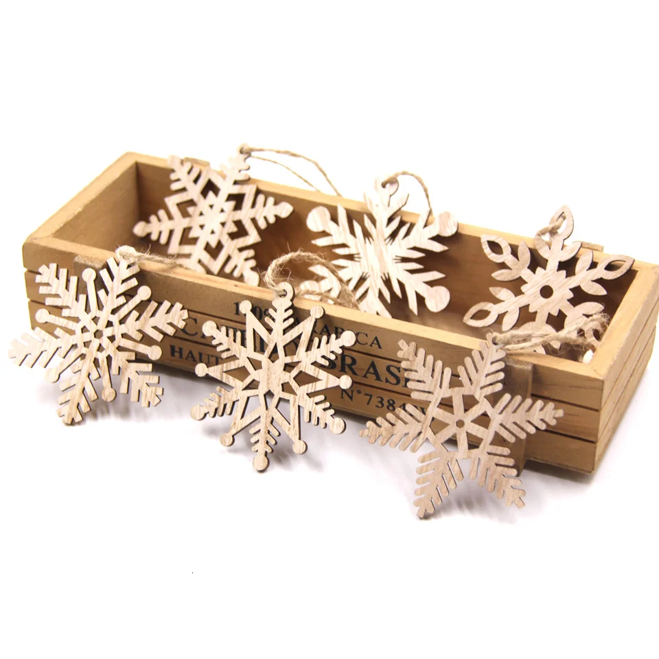 6PCS/Lot Christmas Wooden Pendants Multi Snowflakes Hanging Ornaments Wood Craft Christmas Tree Decorations DIY Painting Gifts