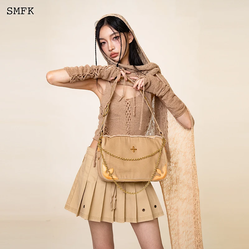 SMFK Compass Kitty Leather Bag Women Washed Cowhide Shoulder Bag Vintage Canvas Spliced Workwear Handbag 2023 New Underarm Bag