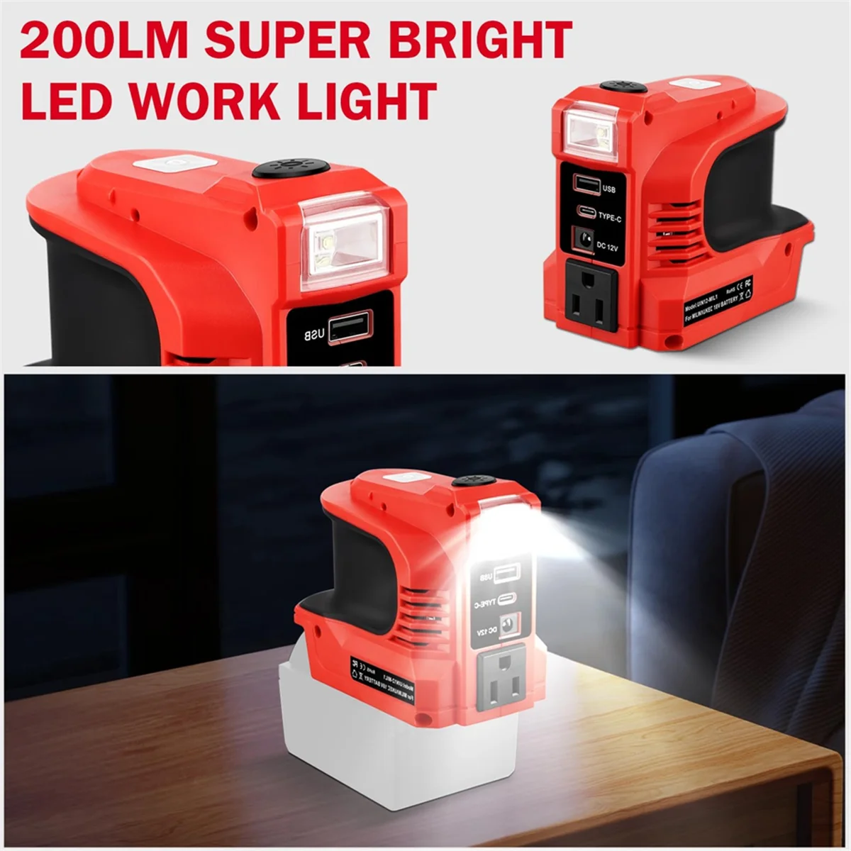 ABJZ 180 W Omvormer voor M-18 18 V Batterij DC 18 V naar AC 110 V-120 V Batterij Omvormer met 2 USB & AC Outlet US Plug