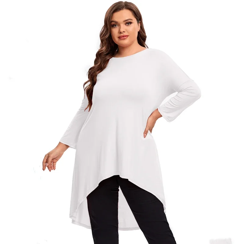 Plus Size Long Sleeve Casual Hi Low Tops Long Loose Fit Flare Basic Swing Blouse T Shirt Duży Rozmiar Wiosna Jesień Tunika 7XL 8XL