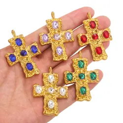 2pcs 3D Stainless Steel Big Crystal Cross Charms For Necklace Jewelry Making Gold Plated Cross Pendants Jewelry Religious Charms