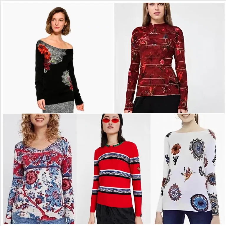 

2025 Foreign Trade Original Order Spain Hot Selling Brand Printed Knitted Shirt Thin Women's Bottom Shirt Slim Fit and Look Thin