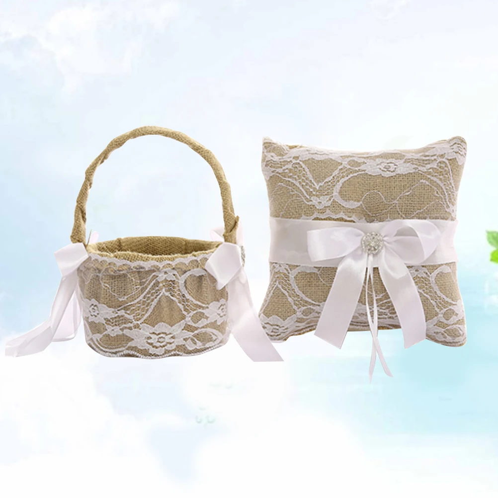 

1 set 1 Set Linen Wedding Ring Basket Pillow Lace Bowknot Soft Comfortable Engagement Ceremony Party Diy Decoration Supplies