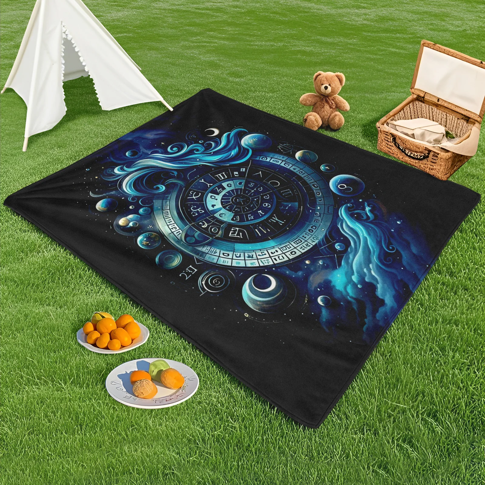 Blue Clock Compass And Starry Planet Design Outdoor Blanket For Celestial Nights And Stellar Journeys