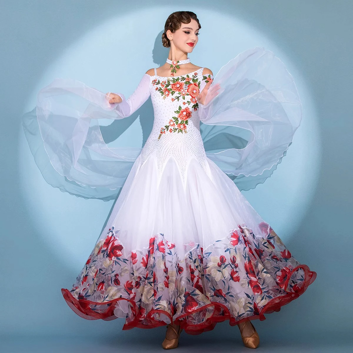 Frauen Modern Dance Strass Farbvielfalt Rot Blumen Kleid Ballsaal National Standard Walzer Wettbewerb Leistung