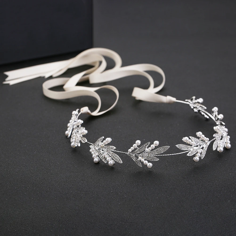 

Pearl Rhinestone Leaf Headb Ivory White Ribbon Wedding Bridal Hair Accessories Headdress Classic Elegant Style