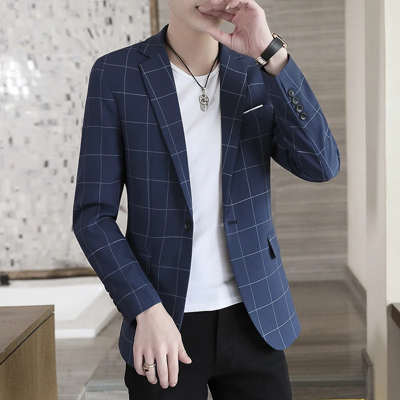 Korean Slim Fit Checkered Suit Jacket for Men Classic Versatile Casual Business Men Blazers Social Work Hairstylist Uniform Coat