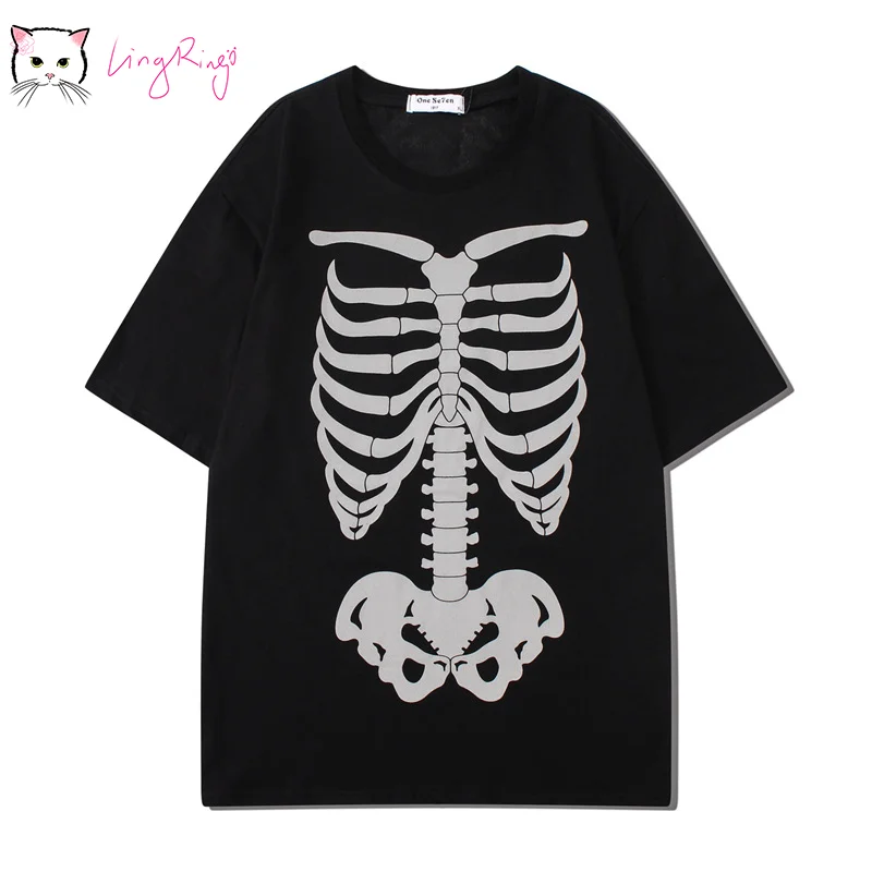 

Short Sleeve T-shirt Summer Pure Cotton Retro Plus Size Reflective High Street Hip Hop Oversized Grunge Spine Skeleton Dark