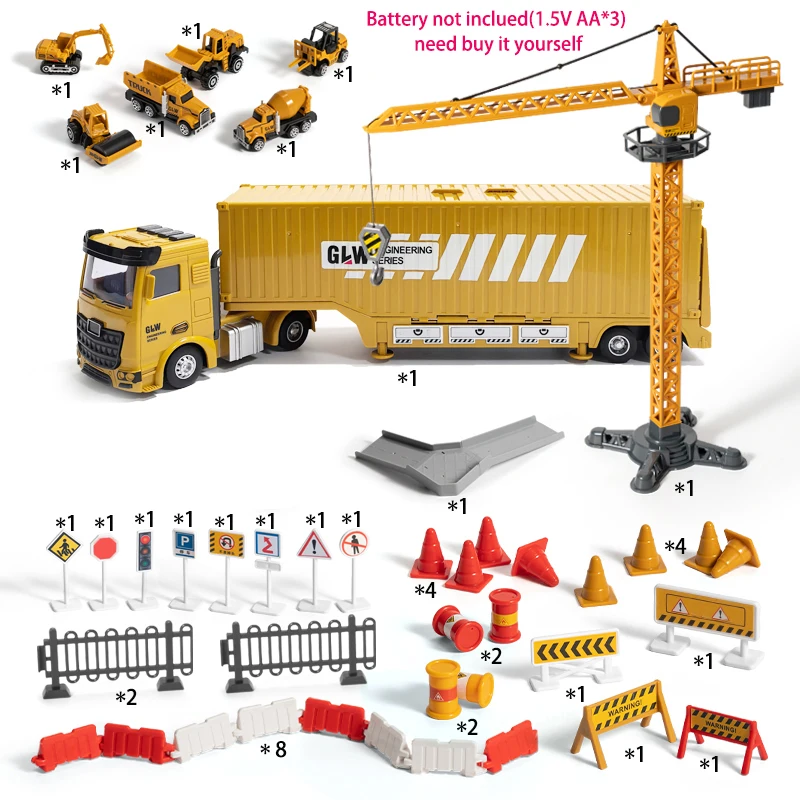 Crane Truck Car Set Parking Lot Toys Engineering Vehicle Tractor Excavator Alloy Boy Construction with Music Light for Children