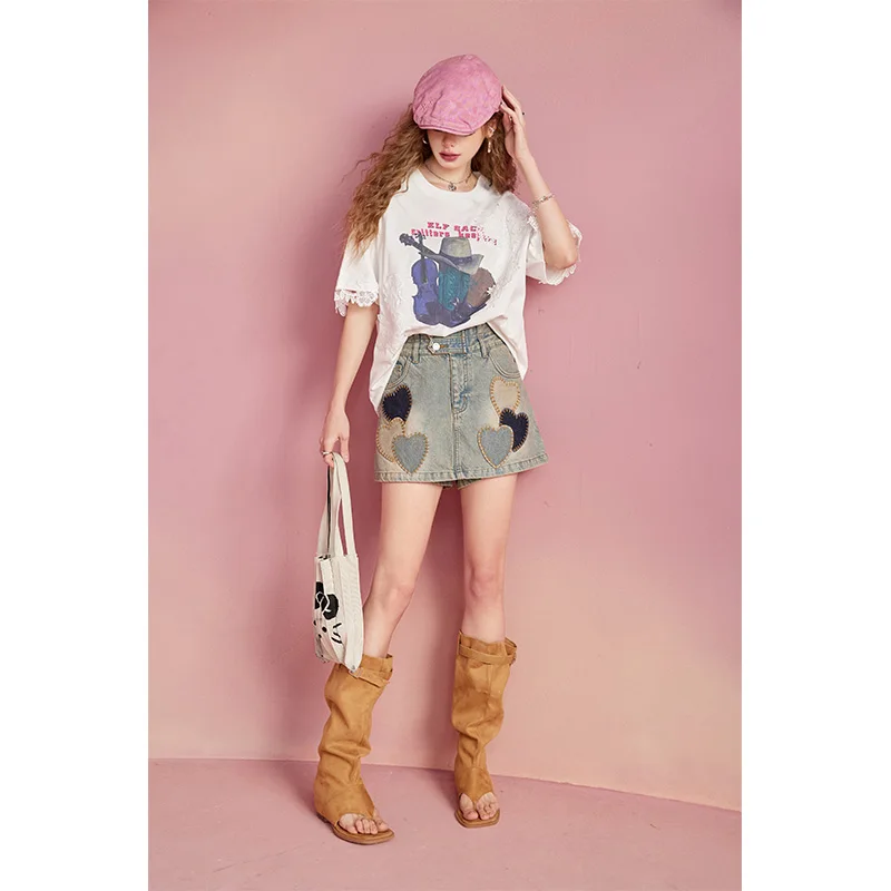 ELFSACK Vintage Cowboy Print Tee with Lace Sleeve Detail, Graphic Oversized T-Shirt for Women, Casual Pink Summer Top