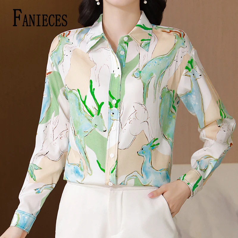 FANIECES S-3XL New In Autumn Women Shirts And Blouses High Quality Deer Green Print Long Sleeve Casual camisas de muje 브라우스여성의류