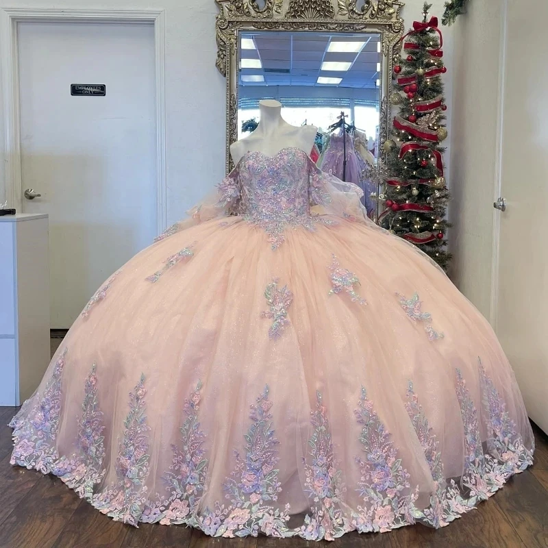 

Pink Shiny Quinceanera Dress Lace Applique Sequins Beading Flower Mexican Off the Shoulder Sweet 16 Vestidos De XV 15 Anos