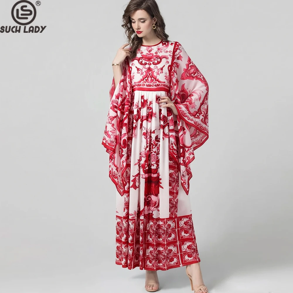 

Women's Red & White Floral Chiffon Maxi Dress - Round Neck, Long Flared Sleeves Flowy Boho Beach Fashion Vestidos