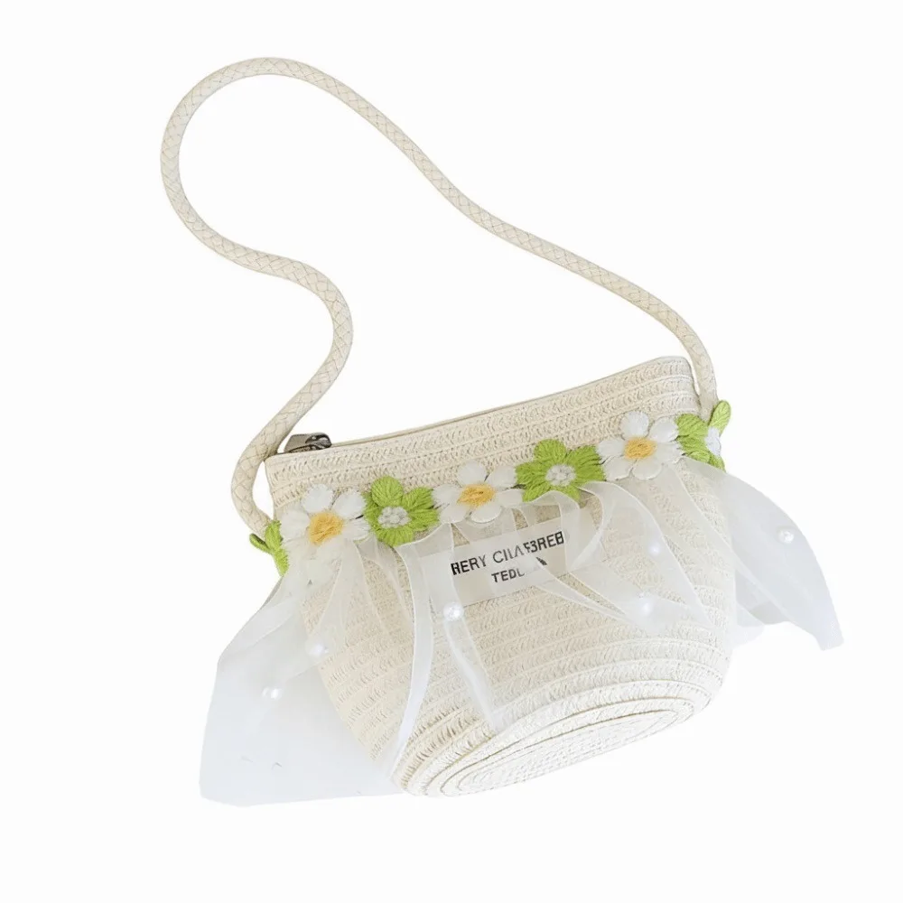 

Wide Brim Children Sun Hat Pearl Decoration Lace Trim Straw Hat Straw Material Breathable Material Beach Hat Girls Accessories