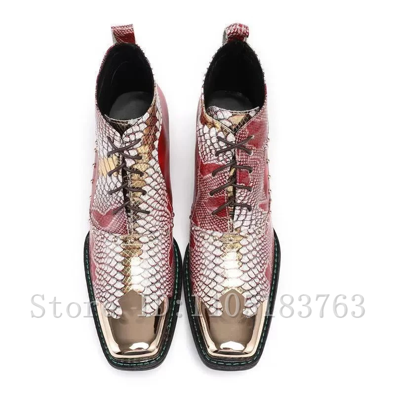 Luxury Gold Studs Decor Men Punk Rock Ankle Boots Red Snake Skin Pattern Lace Up Short Booties Western Cowboy Style Footwear