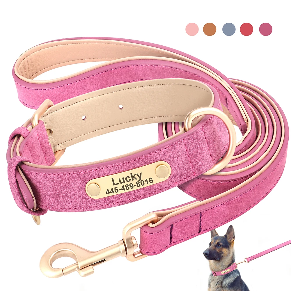 Custom PU Leather Dog Collar Leash Set Personalized Dog Collars Free Engraved Nameplate for Small Medium Dogs Pitbull Labrador