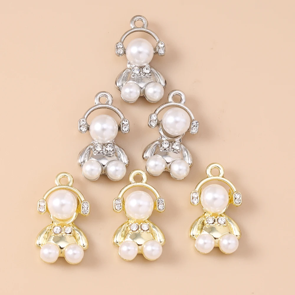 Leslie 5pcs Gold Silver Color Pearls Crystal Bears Charms for Necklace Bracelet Keychain Pendant Diy Jewelry Making Findings