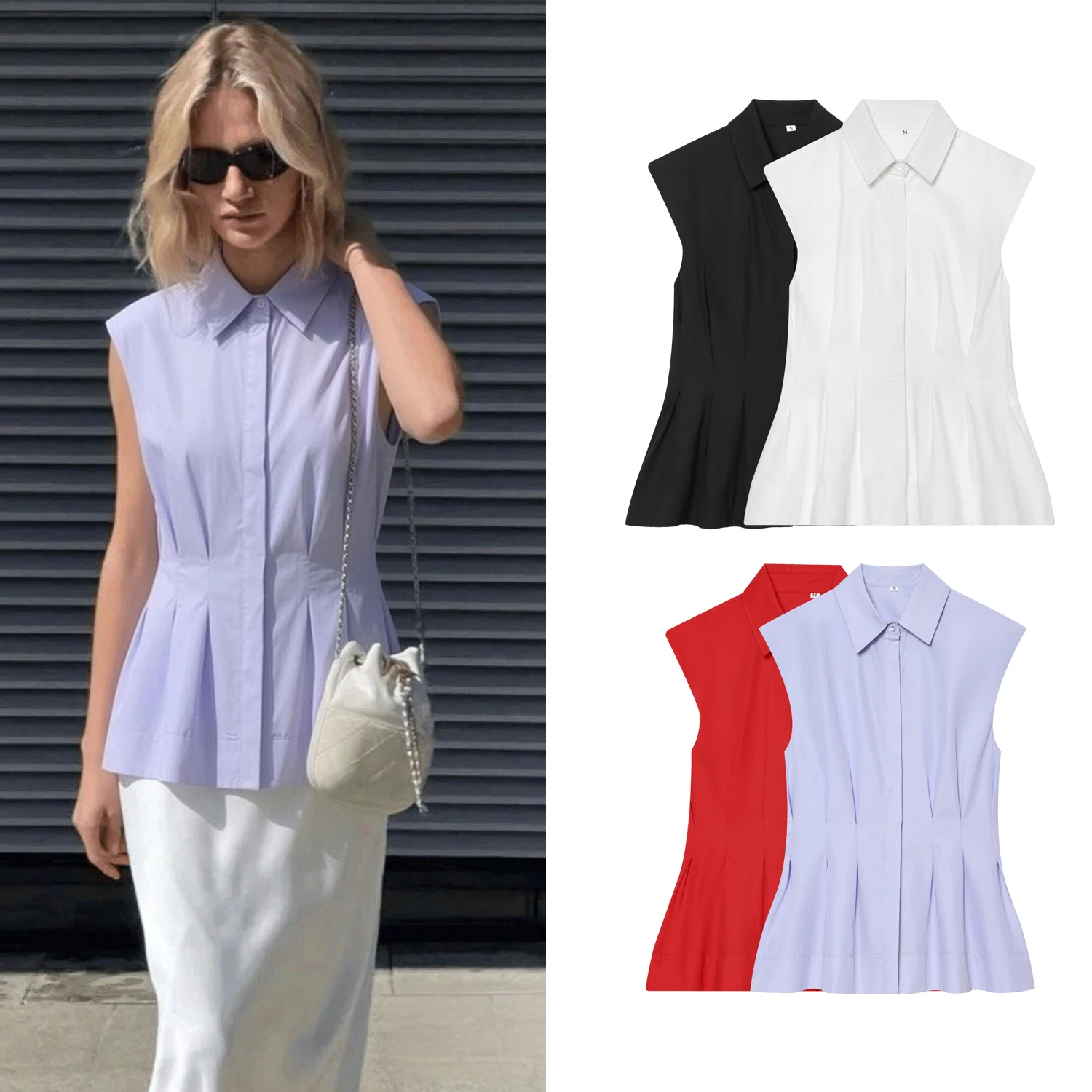 

Women's Solid Pleated Sleeveless Blouse Turn-Down Collar Simple Flared Hem Summer Shirt Ladies Blue Tops Lady
