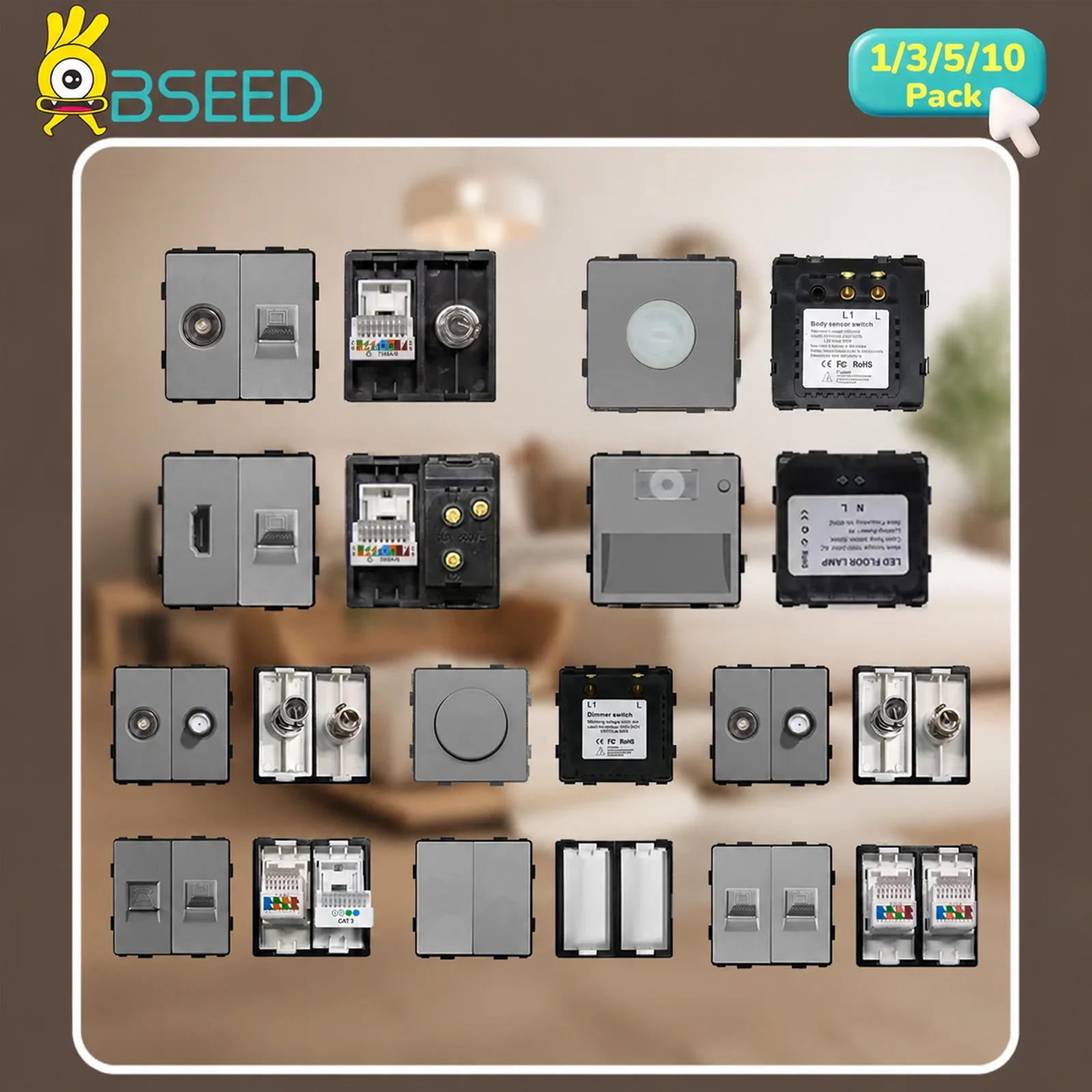 BSEED Wall TV Parts Grey Internet CAT5 CAT6 Sockets Function Module DIY EU Satellite Sockets Power HDMI Outlet Parts No Frame