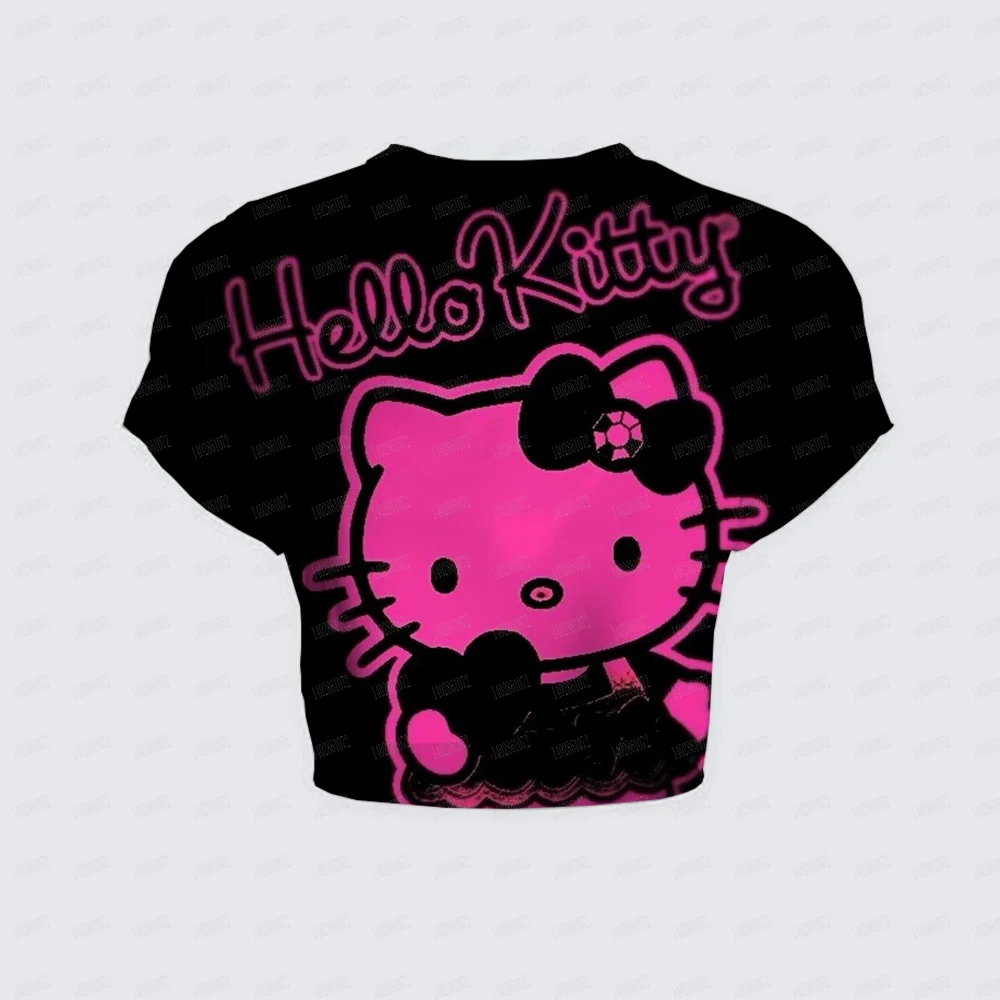 2024 Women Summer Short Sleeve T-shirt Hello Kitty Printing Round Neck Short Tops UltraShort Sexy Ladies Simple Fashion T-shirts