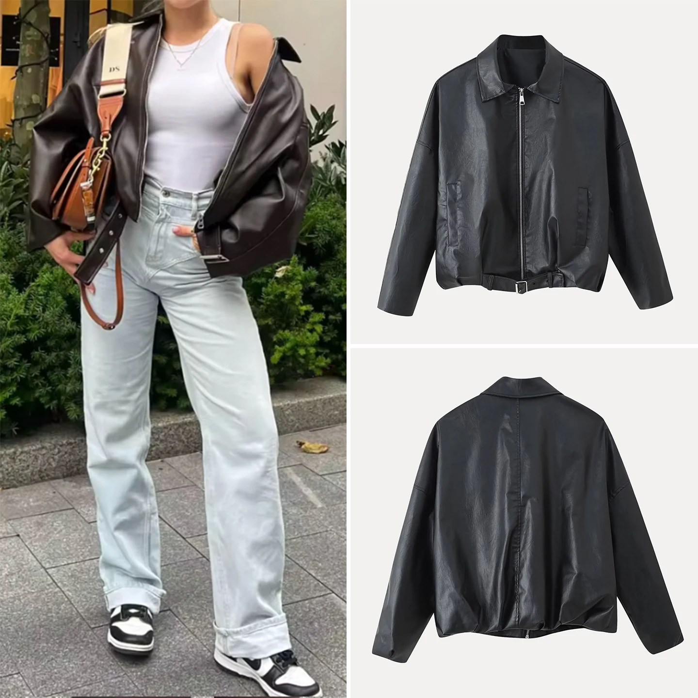American Sle Long Sve Couro Jaet com Cinto Outono 2025 Novo Feminino Faion Z Commute Sle Zipper Loose Fit