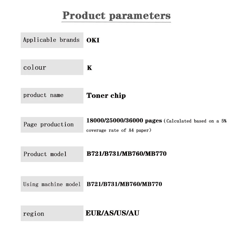 EUR/AS/AU/US Version 45488802/45439002/45488801/45488901/45439001/45488903/45439003 Toner Chip for OKI B721/B731/MB760/MB770