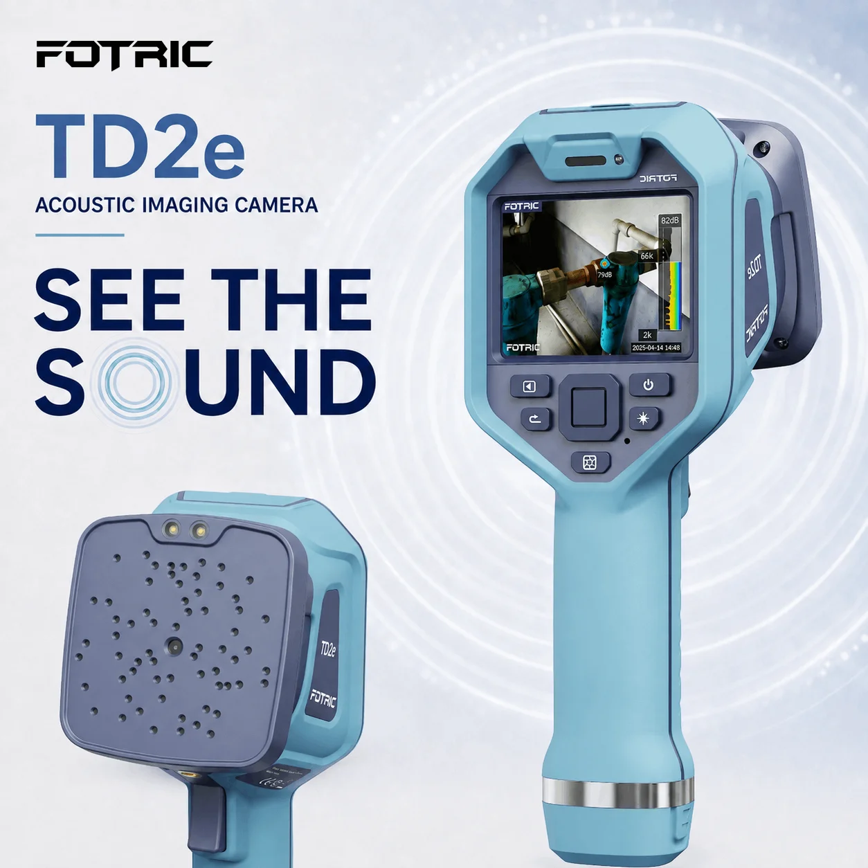 Image of FOTRIC TD2e Akustikkamera Schallquellenortung 64 MEMS-Mikrofone 2–100 kHz IP54 Druckluftlecksuche Gas & Vakuum Reichweite 0,3–60 m 5-MP-Kamera 3,5-Zoll-Touchscreen für Kfz, HVAC, Lüftung, Industrie,