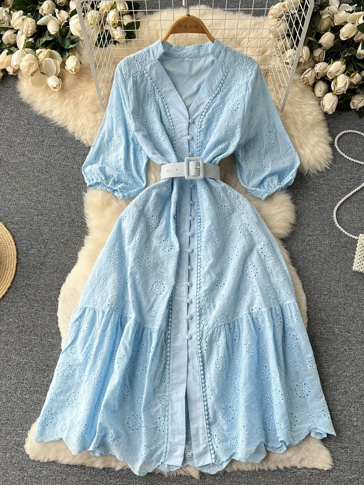 Summer V-neck Hollow Out Dress Women Bubble Sleeves Loose Embroidered Ruffle Edge Long Dresses Ladies Elegant Casual Long Robe