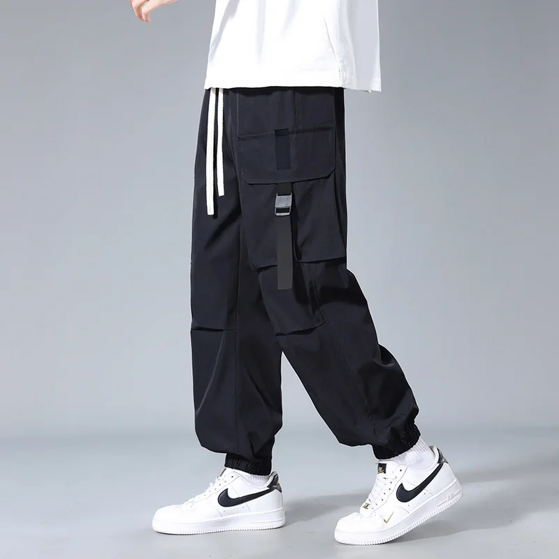 Spring Autumn Men's Clothing Elastic High Waisted Solid Color Pockets Casual Cargo Bloomers Trousers Boyfriend All-match Pants