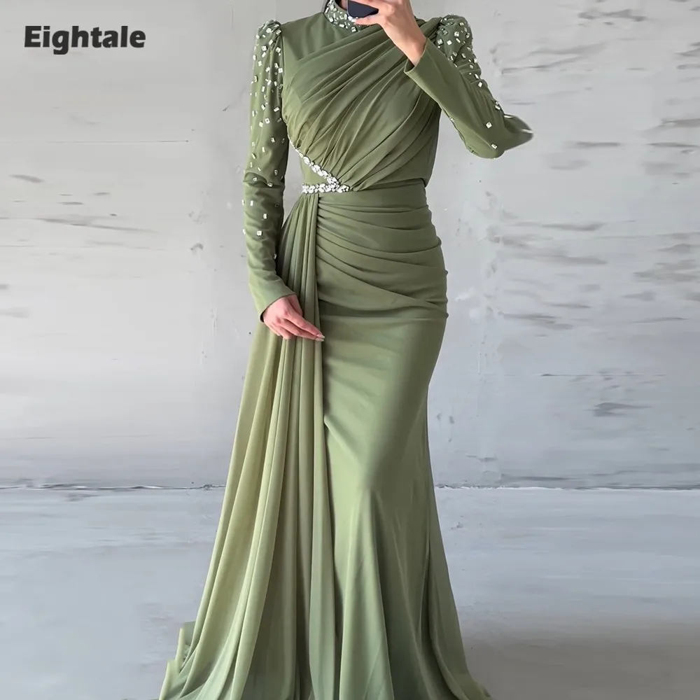 

Eightale Arabic Evening Dress Customized Beaded with Crystals Long Sleeves Mermaid Prom Wedding Party Gown Robes De Soirée
