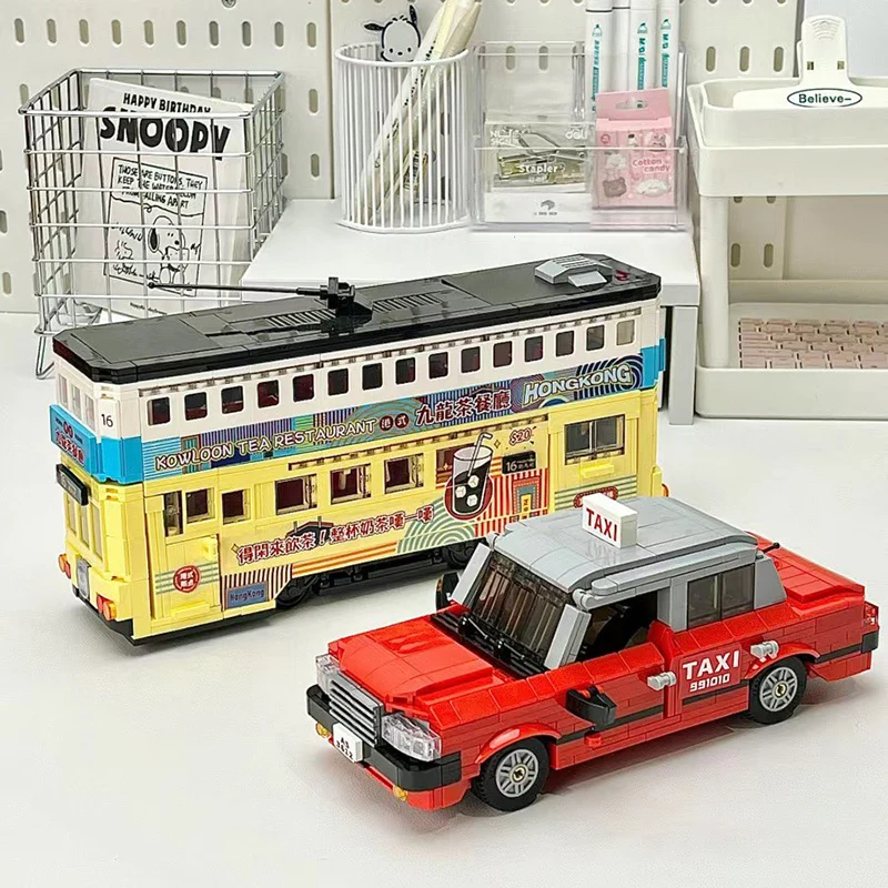 Creative Classic Hong Kong Double Decker Bus Model Building Blocks City Retro Taxi Antique Tram MOC Bricks Toys Kids Adult Gifts