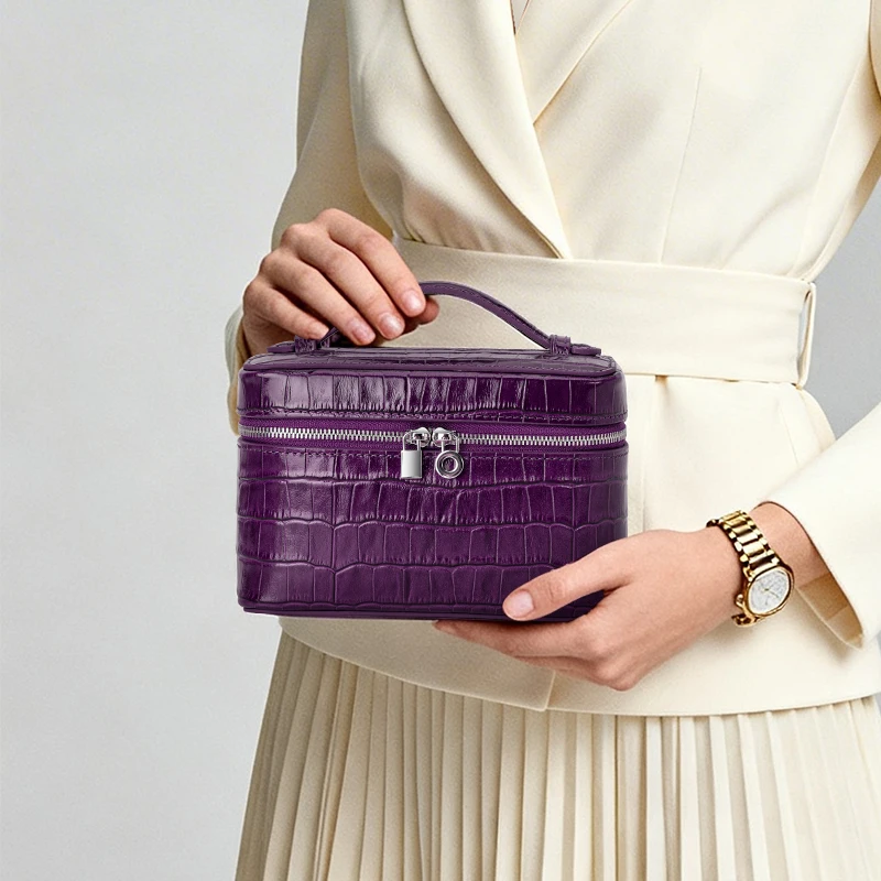 Crocodile Pattern Top Layer Cowhide High-End Texture Cosmetic Bag Genuine Leather Toiletry Bag Portable Travel Lunch Box Bag