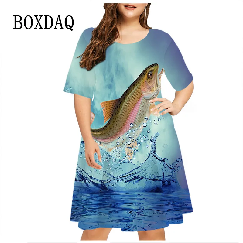 Fishing Pattern Dress Women Cute Loose Print Dresses Elegant Beach Party Dress Summer Fashion Short Sleeve Plus Size Dress 6XL