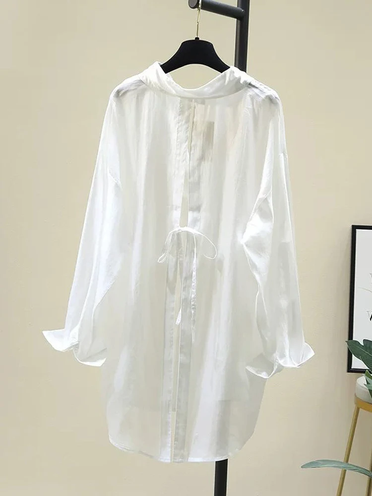 

Sun Protection Ice Silk Long Sleeve Women's Shirt Summer Design Back Split Open Cardigan Thin White Shirt Korean Style Loose Fit
