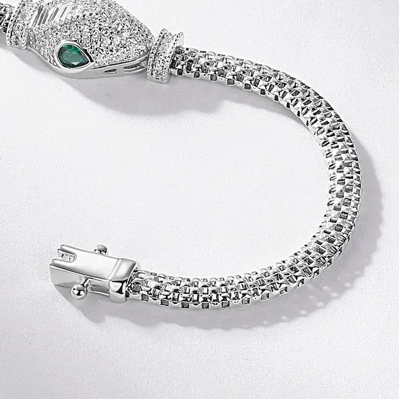 100% 925 Silver Bracelet for Women Hollow Snake Head Green Eyes Luxury Gift Hip Hop Animal Birthday Party Jewelry Gifts Punk