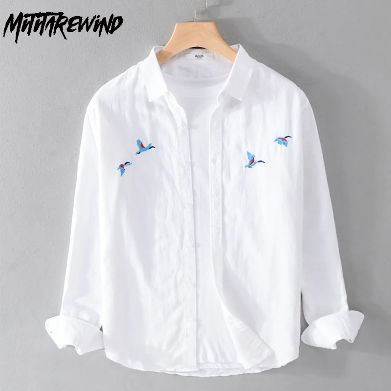 New Long Sleeve White Shirts Men Spring Summer Daily Casual Cotton Linen Shirt Breathable Tops Chinese Embroidery Shirt Youth