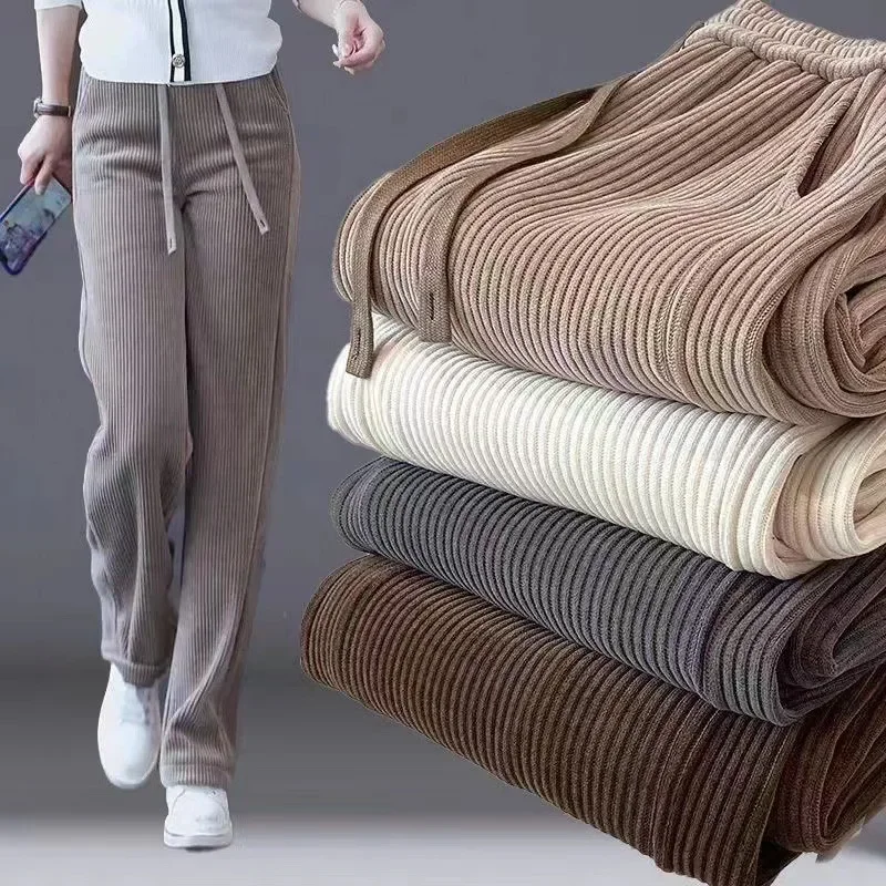 Pantalones de pierna ancha gruesos con forro polar para mujer Otoño Invierno Pantalones casuales de pana rectos drapeados de cintura alta