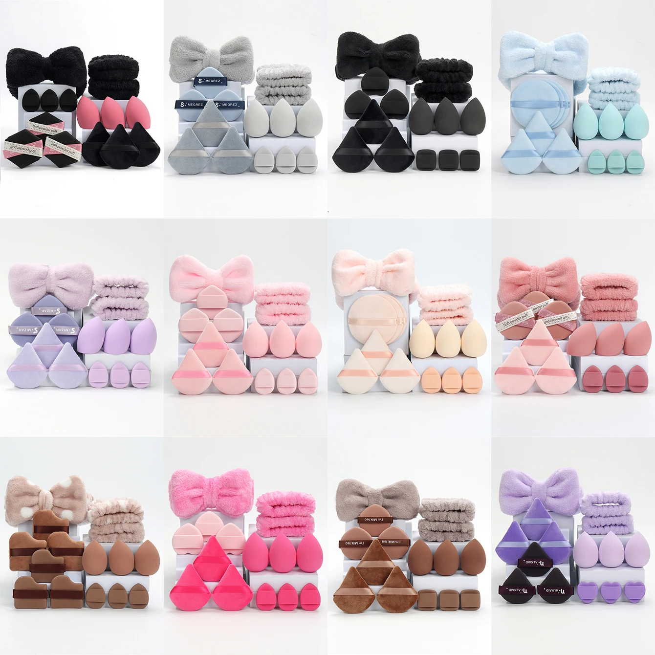 15-częściowy zestaw opasek na głowę z podwójnym paskiem i poduszką powietrzną, składający się z 1 opaski w kształcie motyla oraz 2 opasek na nadgarstki oraz 3 puszek do pudru i A