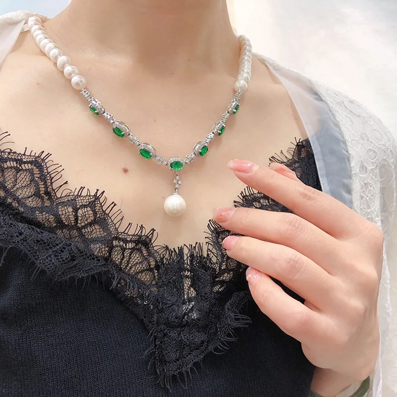 freshwater pearl white near round +GREEN zircon chain pendant necklace FPPJ