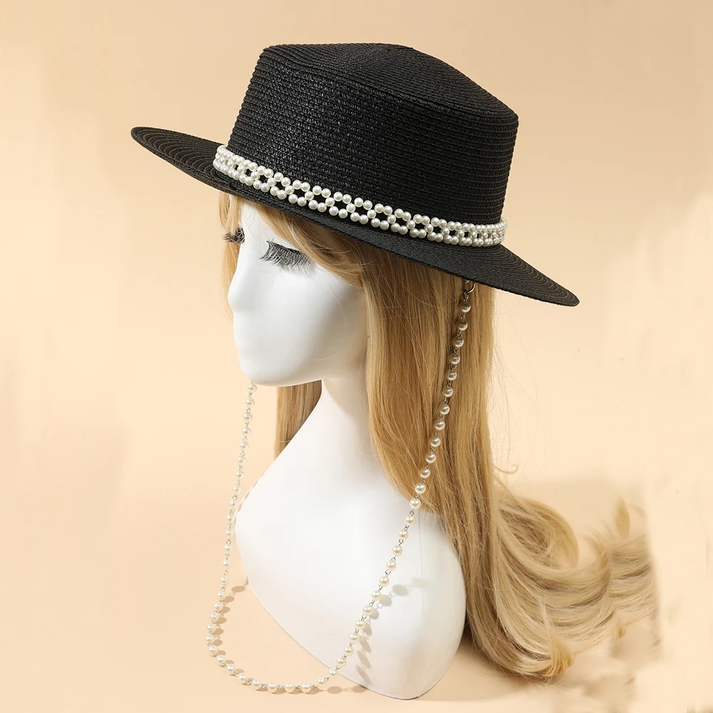 2022 Designer Chain Necklace Sun Hats With Pearl For Women Summer Foldable Beach Hats Ladies Fashion Party Hat Wholesale